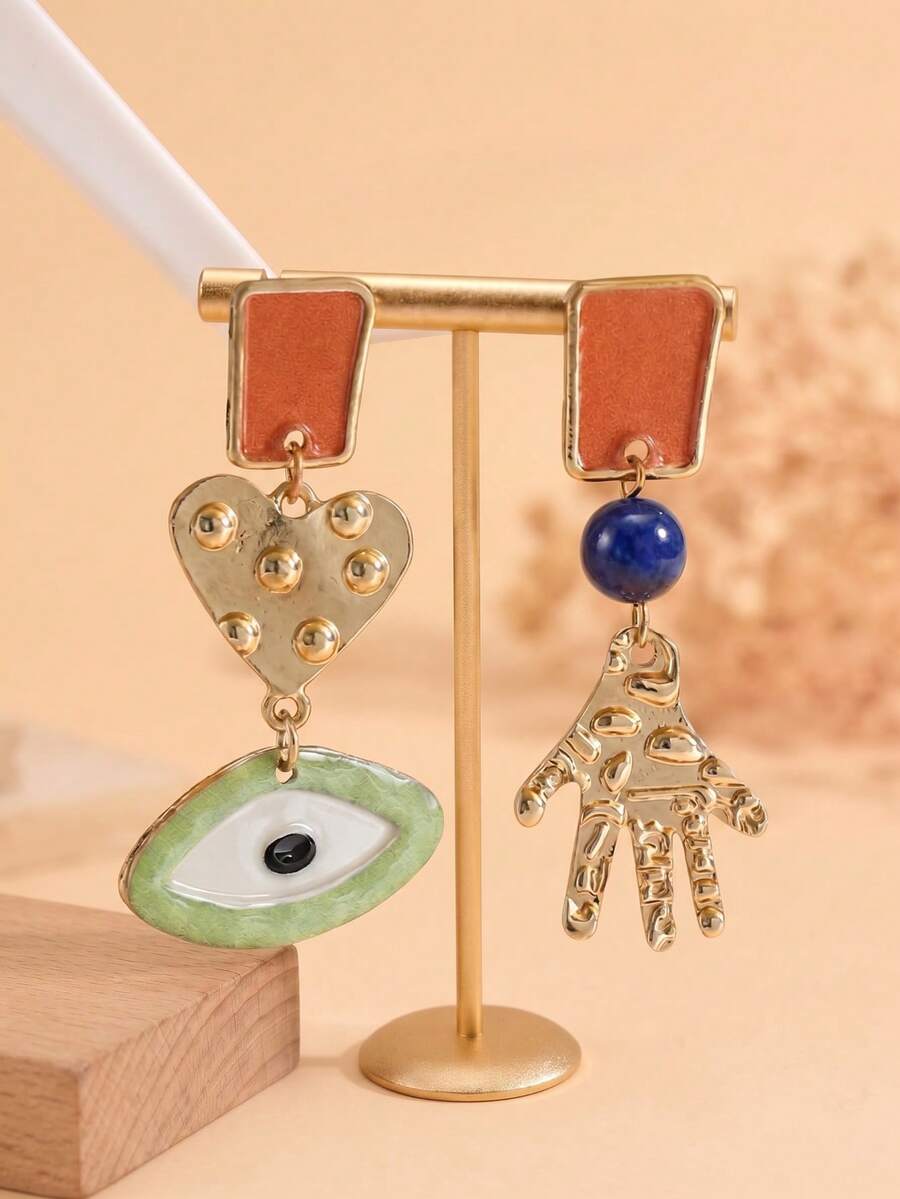 1 Pair Vintage Design Oil Drop Creative Eye Palm Heart Asymmetric Exaggerated Earrings, Women's Personalized Exquisite Versatile Ear Drops Suitable For Daily Wear, Dating, Street, Party - Multicolor - View 1