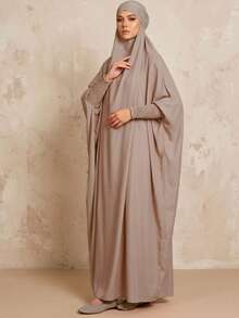 Women's Long Sleeve Abaya Woven Fabric Loose Conservative Long Dress Autumn Outfit - Camel - View 5