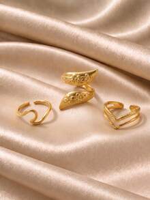 3pcs/Set Vintage Gold Carved Open Ring Set, Adjustable V-Shaped Twisted Band Rings, Niche Luxury Stackable Women's Hand Jewelry - Gold - View 2