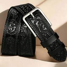 Carved Vintage Personalized Business Belt, Fashion Denim Belt, Thick Metal Buckle, Smooth Comfortable Scratch-Resistant Wear-Resistant Buckle, Premium Exquisite Embossed Tang Grass Pattern Leather Body, Personalized Bold Design, Suitable For Daily Outings And Formal Occasions, Suitable For Suits, Denim Jeans And Various Pants, Suitable As Birthday Gift For Father, Friend, Husband - Black - View 11