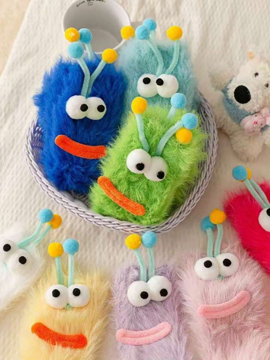 1 Pair Cute Monster Plush Socks, Women's Fluffy Warm Mid-Calf Socks, Fun 3D Eyeball & Antler Design, Soft Comfortable Winter Sleep Socks, Hand Washable, Cold Weather Home Warm Socks, Couple Gift Accessory - Multiple Styles - View 1