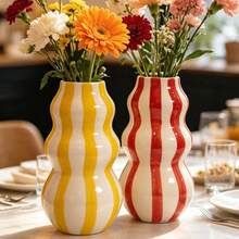 1PC Rustic Ceramic Vase - 1PC Asymmetrical Gourd-Shaped Striped Abstract Vase For Flowers | Tabletop & Living Room Shelf Decor - Ideal Valentine's Day & Mother's Day Gift - Multicolor - View 2