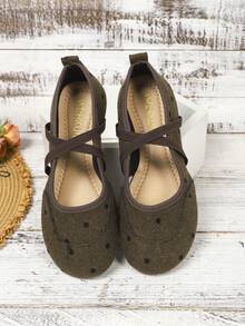 Women's Cross Strap Slip-On Round Toe Flat Shoes, Patchwork Fashion Vacation Casual Outdoor All Season - Dark Green - View 2