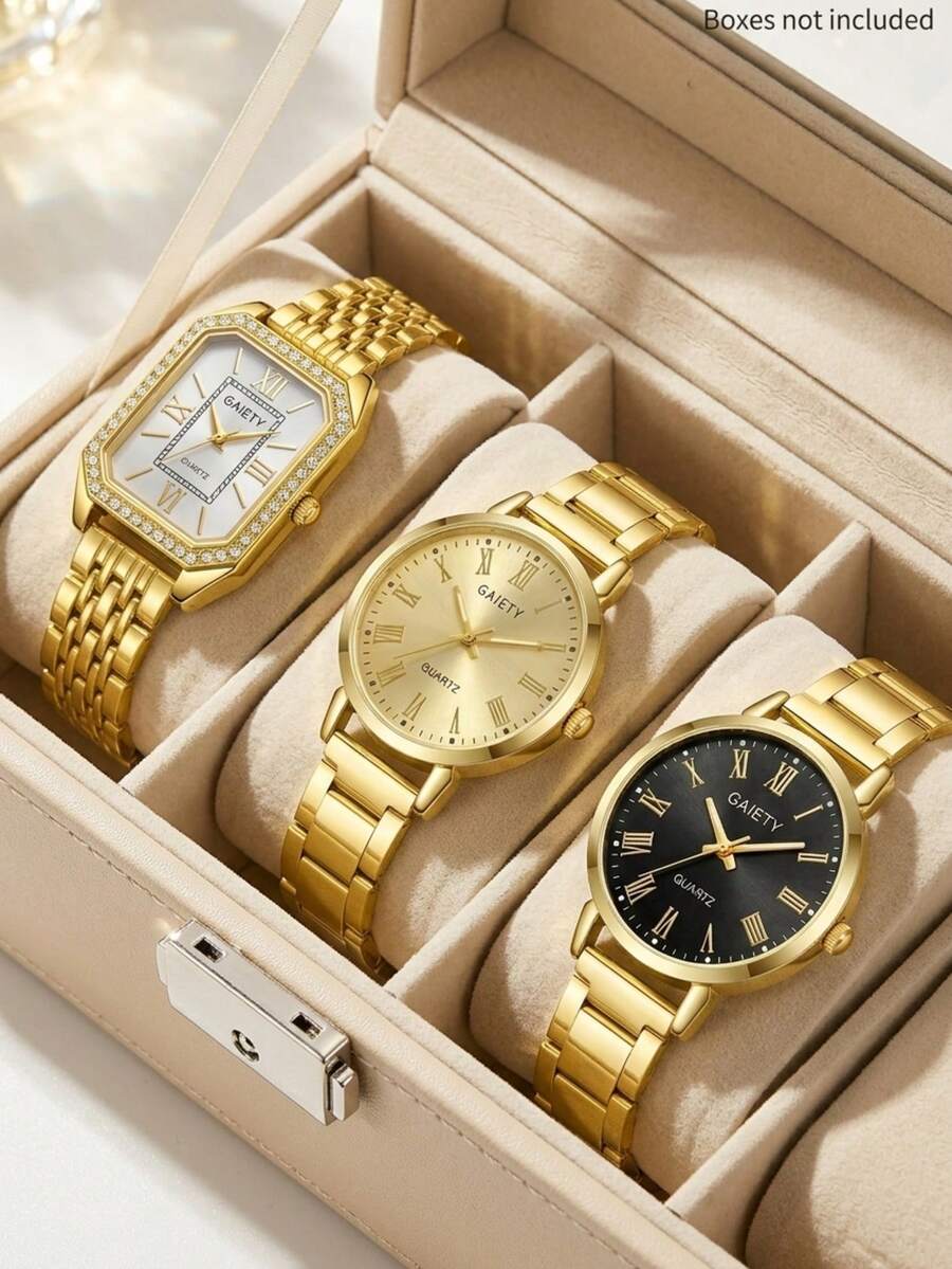 3件組女款石英手錶套裝,金色錶帶,時尚休閒極簡錶盤,復古風格,適合日常配戴、派對裝飾,情人節、感恩節、開學季及各種節日禮物 - 彩色 - 查看 1