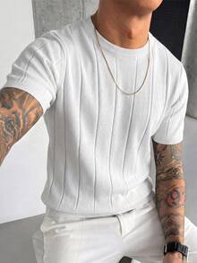 Men's Spring/Summer Ribbed Crew Neck Thin Loose Knit Short Sleeve Sweater - White - View 4