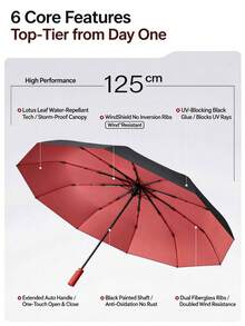 125cm Extra Large 3-Fold Umbrella, Windproof & Rainproof, Black UV-Protective Coating, 10 Reinforced Ribs, Contrast Color Lining, One-Touch Automatic Handle, UV50+ Water-Repellent, Fits 2-3 People, Suitable For Commuting, Travel, Weekend And Outdoor Use, Strong Windproof Umbrella - A - View 6