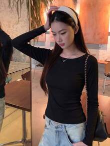 Korean Style Casual Cold Shoulder Back Drawstring Tie Long Sleeve Slim Fit Top For Women, Autumn/Winter - Black - View 5