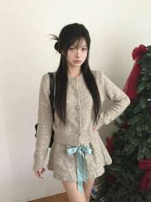 Bộ áo cardigan len vặn thừng nữ dễ thương có nơ trước, ấm áp cho mùa thu - Màu Khaki - Xem 7