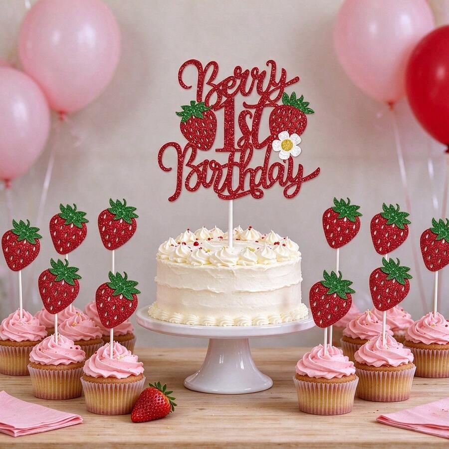 10pcs/11pcs Red Strawberry Cake Decorations 1st, 2nd, 3rd Glitter Paper ...