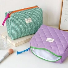 PURDORED 1pc Plaid Quilted Makeup Bag Large Capacity Zipper Cosmetic Pouch Cute Aesthetic Travel Toiletry Storage Bag For Women Girls - Multicolor - View 2