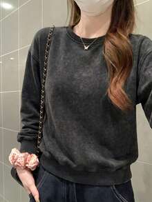 Áo nỉ cổ tròn tay dài thường ngày phong cách casual cho nữ, mặc mùa xuân/thu/đông - Xám sắt - Xem 1