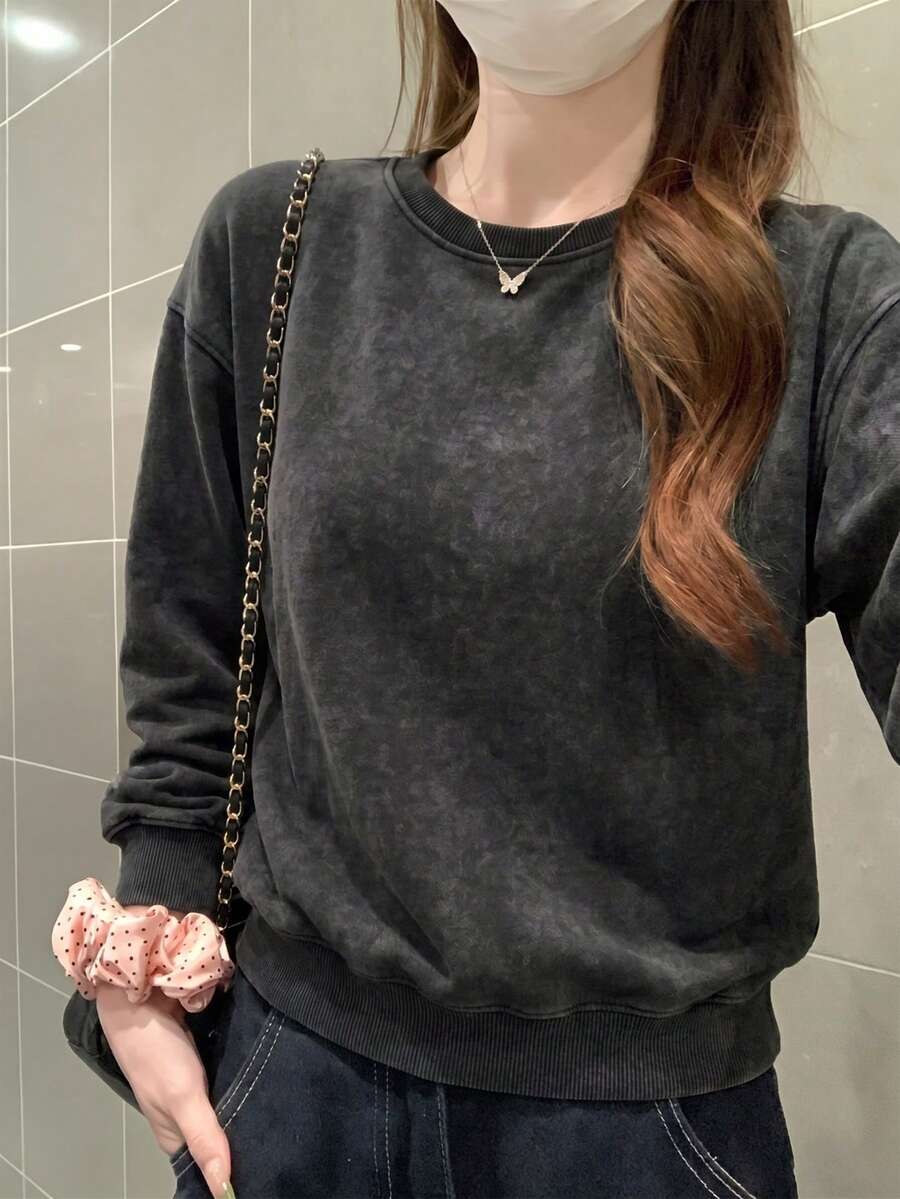 Áo nỉ cổ tròn tay dài thường ngày phong cách casual cho nữ, mặc mùa xuân/thu/đông - Xám sắt - Xem 1