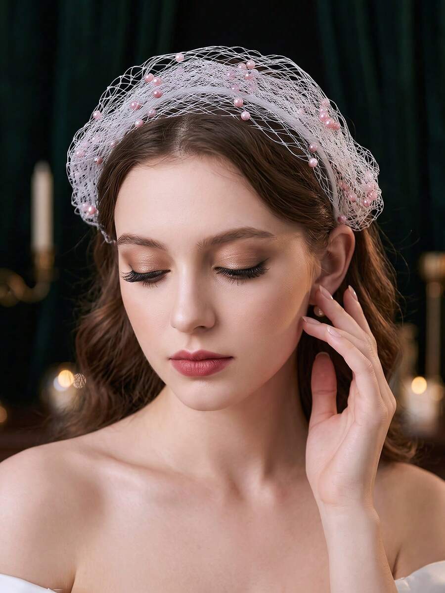 1pc Exquisite Mesh Faux Pearl Headband Versatile Women's Party Prom Hair Accessory Weddings Bridal Hair Accessory