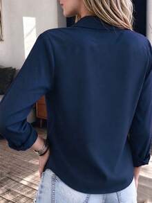 休閒時尚女款長袖鈕扣襯衫 - 藏蓝色 - 查看 2