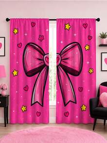 2Pcs Rose Red Large Bow Heart Star Graffiti Print Pattern Curtains, Sweet Cool Cartoon Semi-Blackout Rod Pocket Window Decor, Suitable For Living Room And Bedroom, Rod Not Included, Machine Washable - Magenta Bow - View 2