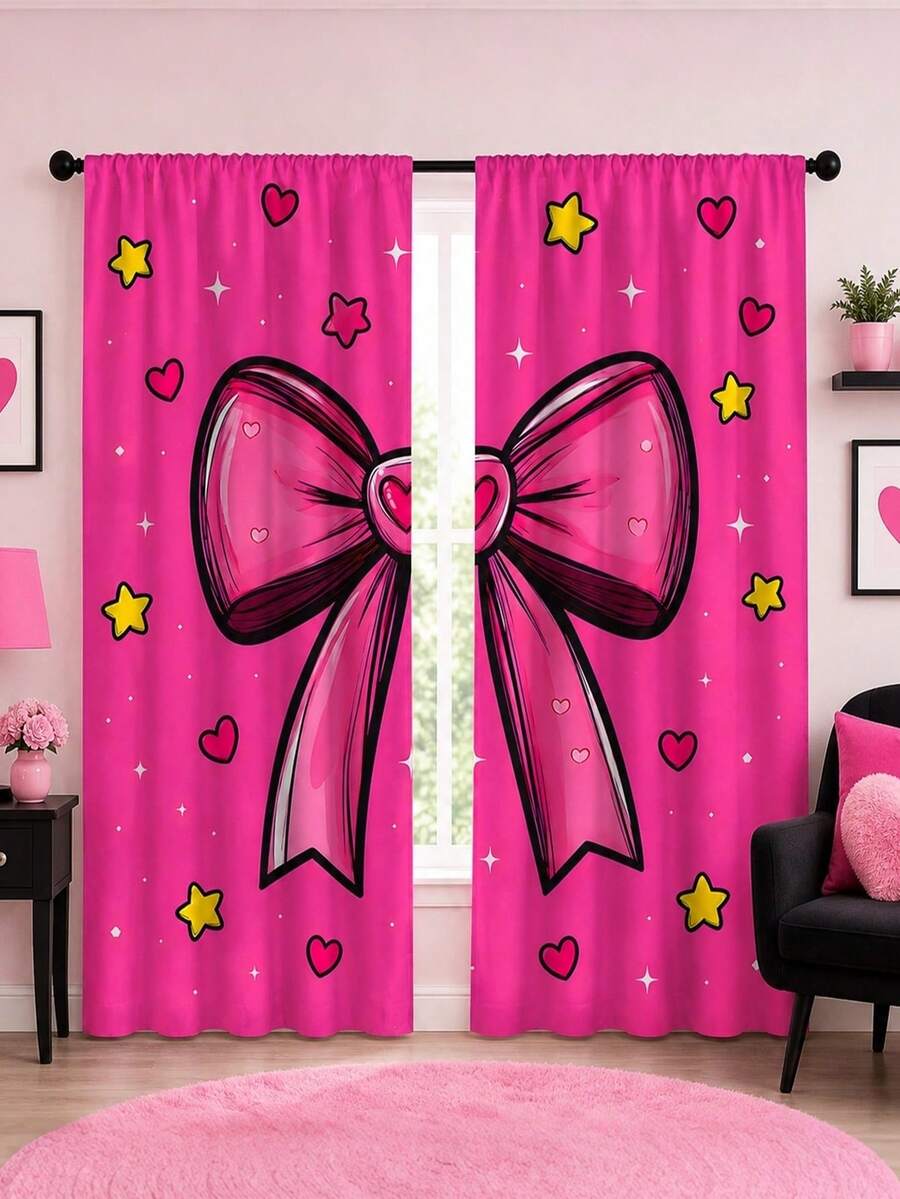 2Pcs Rose Red Large Bow Heart Star Graffiti Print Pattern Curtains, Sweet Cool Cartoon Semi-Blackout Rod Pocket Window Decor, Suitable For Living Room And Bedroom, Rod Not Included, Machine Washable