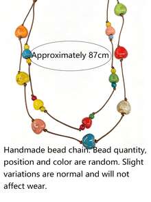 1pc Bohemian Style Colorful Heart Beaded Long Necklace, Brown Rope Layered Choker, Elegant Stackable Jewelry, Personalized Holiday Accessory, Suitable For Daily Wear, Party, Gift, Random Beaded Color - Multicolor - View 7