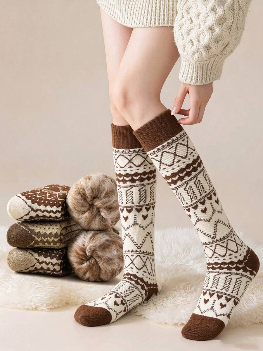 1 Pair Thick Autumn/Winter Jacquard Calf Socks, Maillard Style Versatile Knitted Knee-High Socks For Home, Daily Wear And Commuting - Multicolor - View 1