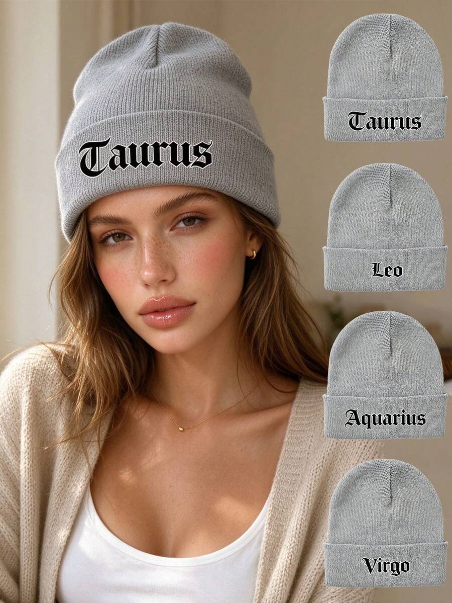 1pc Women's Dark Gery Print Knit Beanie Hat,New Autumn/Winter Ribbed Warm Hat, Ear-Covering Headwrap For Cycling,Commuting,Skiing,Outdoor Activities - Grey - View 1