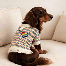 1pc Cute Pet Knitted Top, Casual & Comfortable, Rainbow Striped Heart Tassel T-Shirt, Suitable For Teddy Poodle And Other Small To Medium Pets - Multicolor - View 1