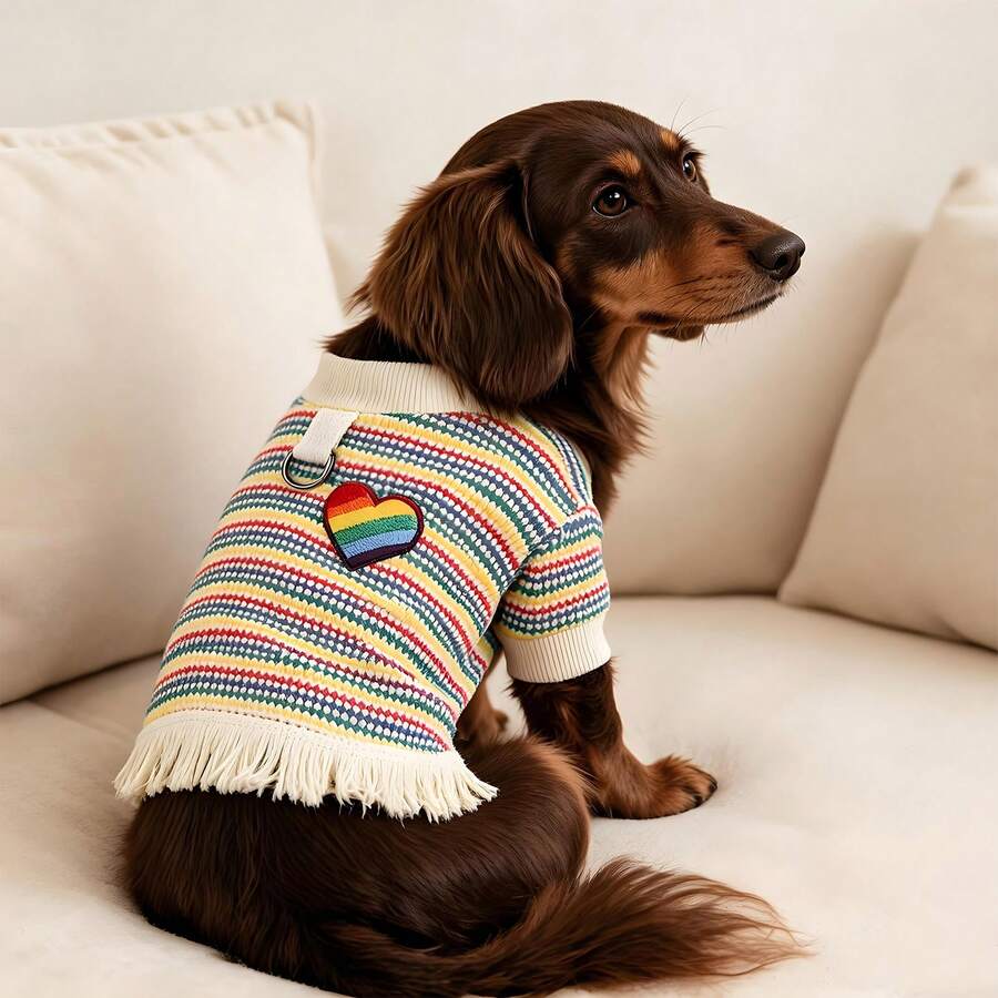 1pc Cute Pet Knitted Top, Casual & Comfortable, Rainbow Striped Heart Tassel T-Shirt, Suitable For Teddy Poodle And Other Small To Medium Pets - Multicolor - View 1