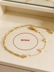 1pc Minimalist Fashion Cute Patchwork Bracelet, Gold Stainless Steel Paperclip Chain With Faux Pearl, Suitable For Women - Yellow Gold - View 2