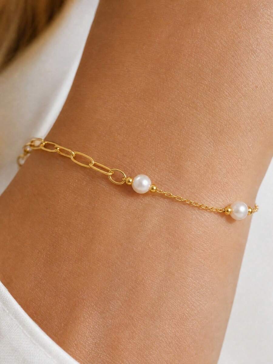 1pc Minimalist Fashion Cute Patchwork Bracelet, Gold Stainless Steel Paperclip Chain With Faux Pearl, Suitable For Women - Yellow Gold - View 1