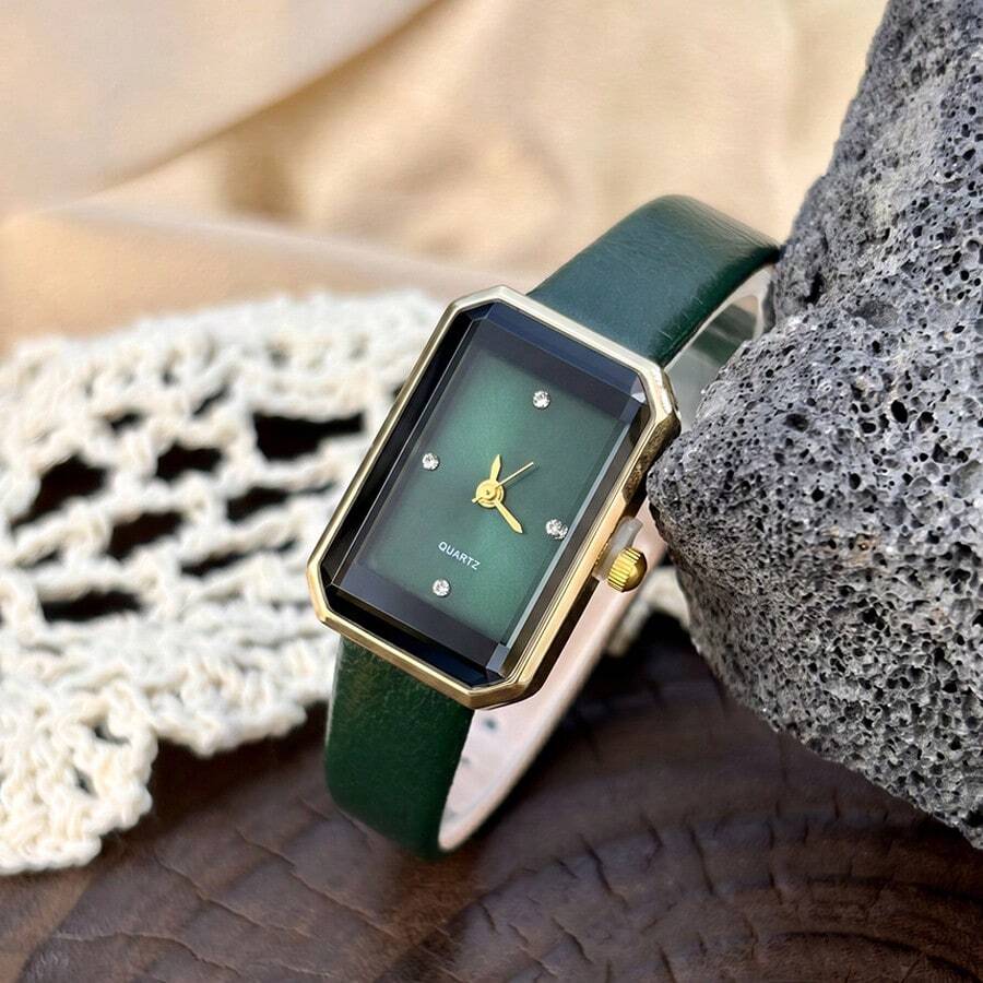 1 buah Jam Tangan Kulit Quartz Wanita, Dial Persegi Panjang Minimalis, Jam Tangan Fashion Gaya Vintage