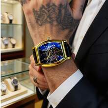 1pc Men's Automatic Mechanical Watch, Tonneau Full Skeleton Dial, Gold ...