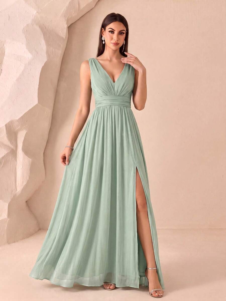 XUCTHHC Elegant V-Neck Sleeveless Chiffon A-Line Formal Evening Gown, Suitable For Wedding Guest, Prom, Graduation, Holiday, Autumn/Winter