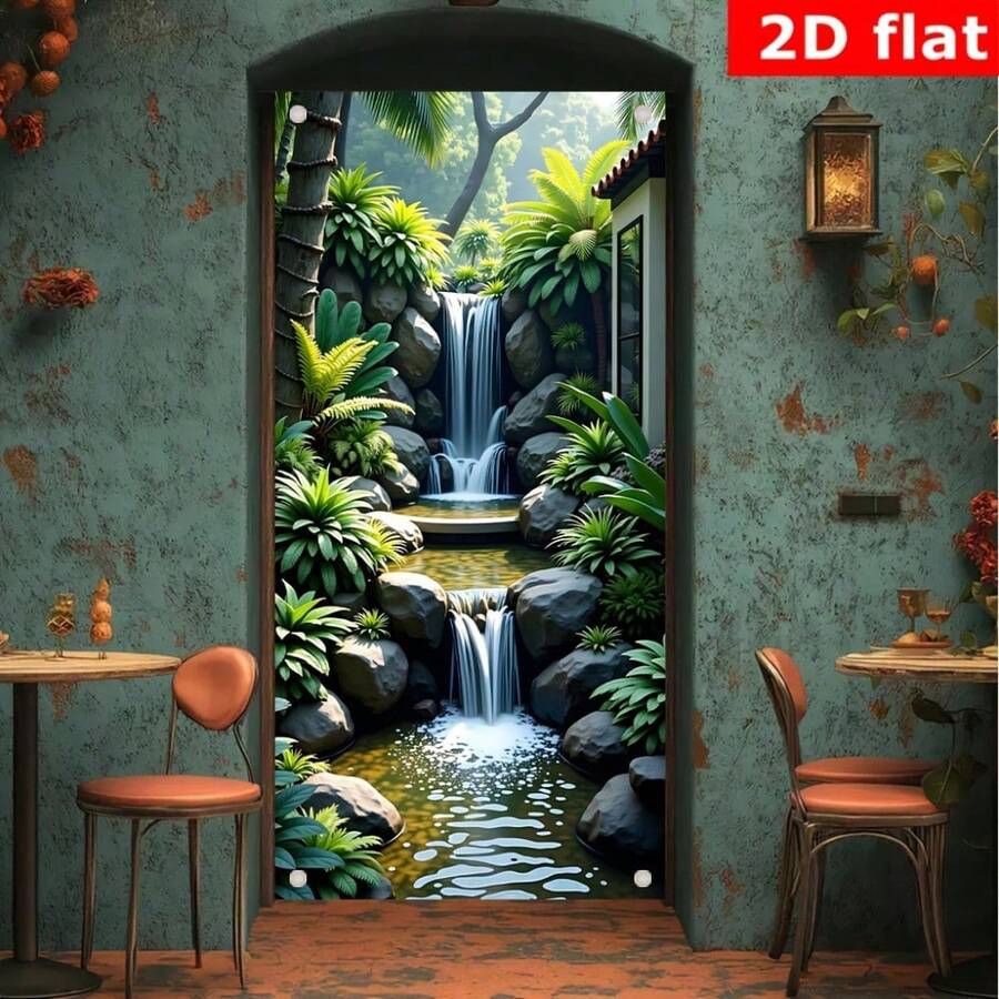 2D Flat 1pc, Green With Small Waterfall In The Middle, Polyester Fiber Indoor/Outdoor Art Decorative Door Curtain, Designed For Home And Office Decoration, Suitable For - Multicolor - View 1