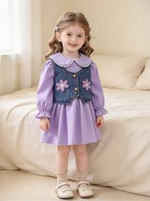 Girls Baby 2pcs Set Pearl Lace Peter Pan Collar Petal Sleeve Dress Embroidered Floral Washed Denim Vest Outfit Spring Autumn - Mauve Purple - View 9