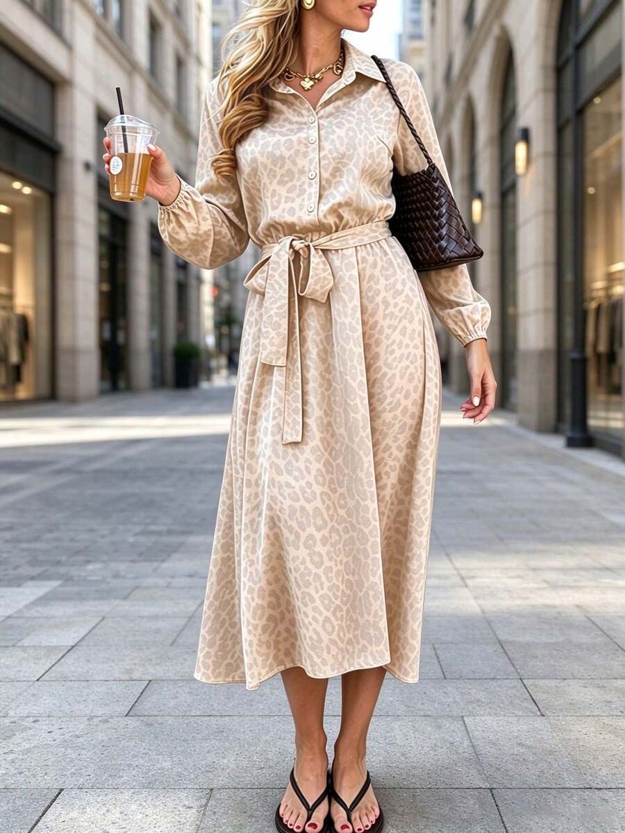 1pc Apricot Elegant Women's Leopard Print Full Digital Print Midi Shirt Dress, Front Tie Design, Collar, Long Sleeve, Elastic Cuff, Half-Open Front, Button Detail, Flared Hem, Woven Fabric (Polyester), Creating Sophisticated Style, Suitable For Elegant Casual Commute Vacation Autumn Women's Dress Outfit - Apricot - View 1