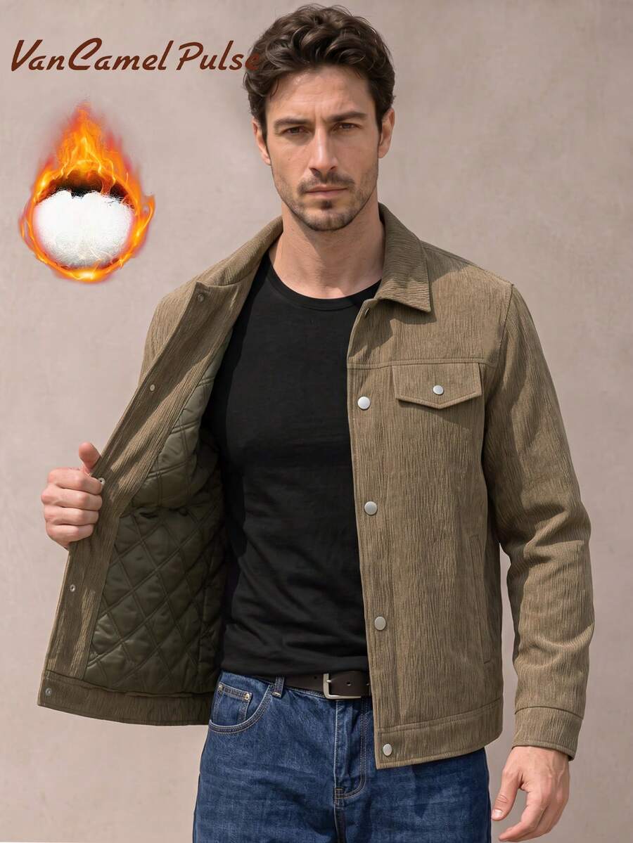 Vancamel Pulse Men's Spring/Autumn Solid Color Lapel Thickened Casual Jacket, Versatile Minimalist Thickened Jacket Suitable For Daily Casual Wear And Sports Exercise - Coffee Brown - View 1