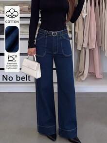 Cross-Border European And American Women's All-Season Commute Versatile Solid Color Slim Straight Leg Jeans; Patch Pocket Straight Leg Pants, Fashion Casual - Deep Blue - View 3