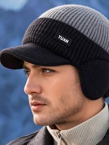 Men's Winter Thermal Lined Thick Knit Hat With Ear Flaps Design, Colorblock Sun Hat - Suitable For Cold Weather Outdoor Travel And Outdoor Activities - A - View 6