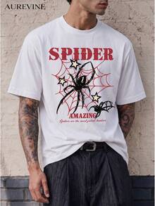 تي شيرتات رجالية، طباعة العنكبوت وشبكة العنكبوت، طباعة حرف "SPIDER"، رقبة دائرية، أكمام قصيرة، مثالية للصيف. - أبيض - مشاهدة 2
