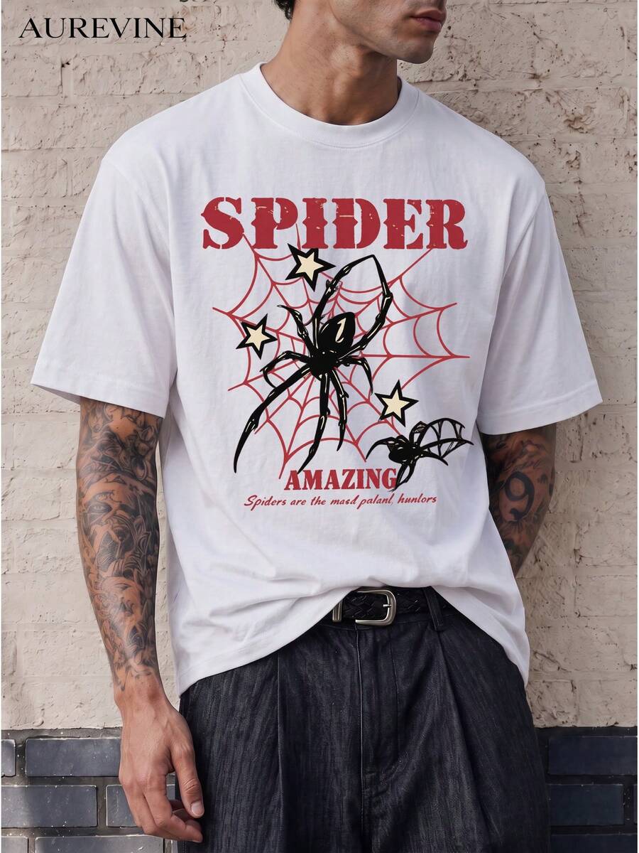 تي شيرتات رجالية، طباعة العنكبوت وشبكة العنكبوت، طباعة حرف "SPIDER"، رقبة دائرية، أكمام قصيرة، مثالية للصيف.