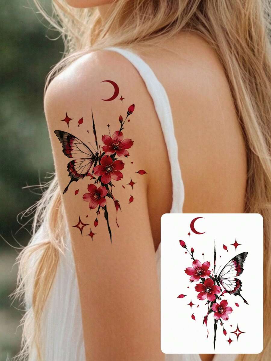 1 Sheet Flower Pattern Tattoo Sticker, Waterproof Floral Hand Tattoo, Butterfly Temporary Tattoo For Women And Men, Suitable For Hand, Arm And Body Decoration, Moon, Plum Blossom Fake Tattoo - Multicolor - View 1