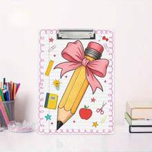 Acrylic Writing Board With Clip, Hand-Drawn Floral Pattern, White Striped Background, Pencil Bow Design, Colorful Effect, Practical Office Gift - Multi-color - View 6