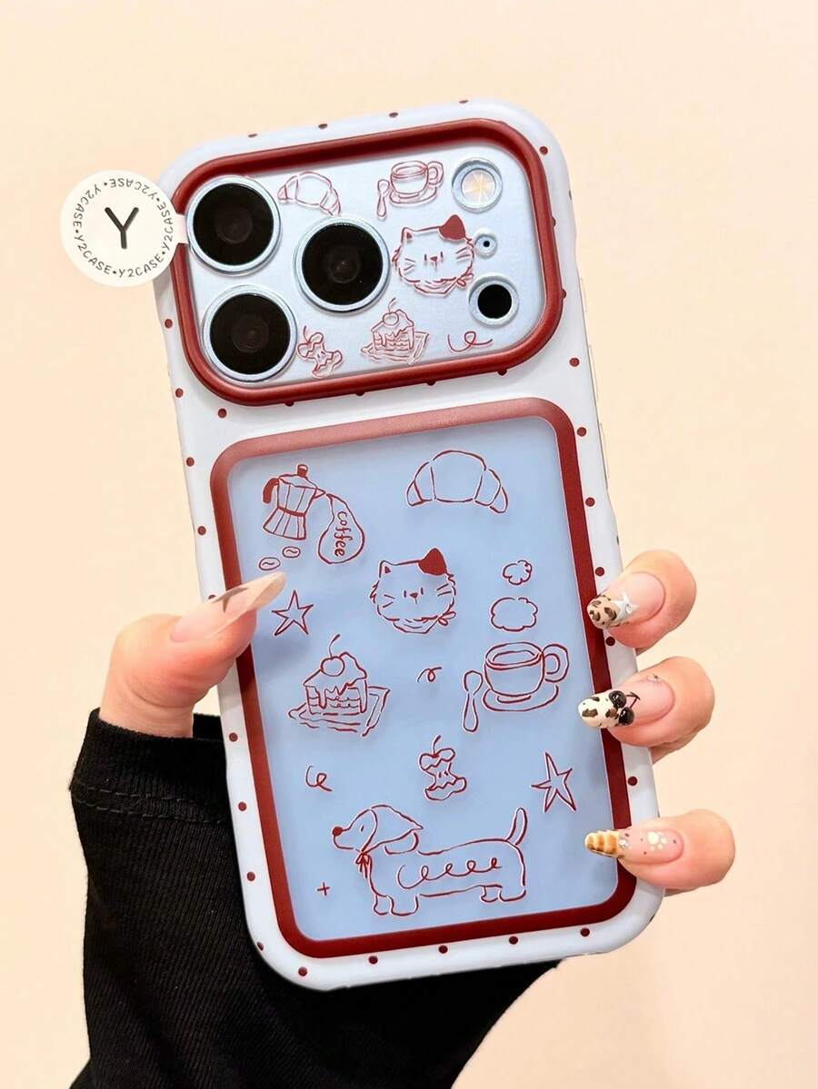 1pc New Retro Hand-Drawn Coffee & Cake Phone Case, Anti-Slip & Drop-Resistant Protective Shell, Suitable For Students Daily Use, Pretty Holiday Gift, Compatible With IPhone11 12 13 14 15 16 17 18 Pro Max - Multicolor - View 1