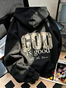 Sweatshirt Berkerudung Wanita, Motif Bunga dan Huruf Musim Gugur/Dingin Terbaru, Desain Tali Serut, Dengan Saku, Atasan Longgar Kasual Serbaguna, Pakaian Sehari-hari yang Modis - Hitam - View 8
