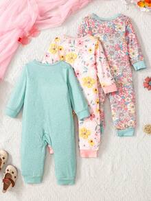3pcs/Set Baby Girl Comfortable Cute Printed Crew Neck Long Sleeve Jumpsuit Set, Spring/Autumn - Multicolor - View 2