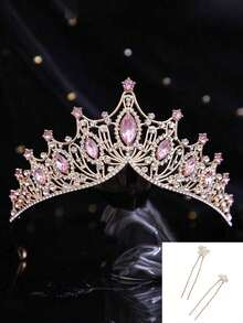 1pc European Style Handmade Crown, Suitable For Wedding Dress, Birthday Party, Banquet, Vow Ceremony, Alloy Rhinestone Crystal - Gold - View 13