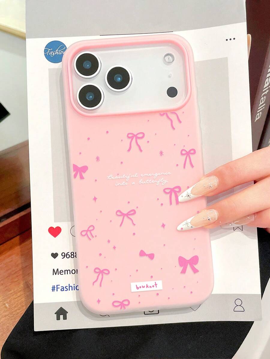 Pink Bow English Slogan Large Window Phone Case, Cover, Ins Girl Style Light Pink Background Scattered Bows And Stars Print Full Coverage 2-In-1 Protective Case, Ideal Gift For Birthday, Valentine's Day, Compatible With IPhone Case, Compatible With IPhone12/13/13 Pro Max/14 Pro/15/15 Pro Max/16/16 Plus/16 Pro Max/17/17 Pro/18 Pro/18 Pro Max, Fast Shipping - Pink - View 1