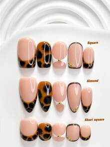 秋季 10片裝 Mailard 風格手工穿戴甲 Polygel 美甲套組，豹紋棕黑配色，簡約風，附美甲工具，3種尺寸可選，方型、短方型、杏仁型，適合派對、舞蹈、日常佩戴（手工細節可能有所不同） - 彩色 - 查看 1