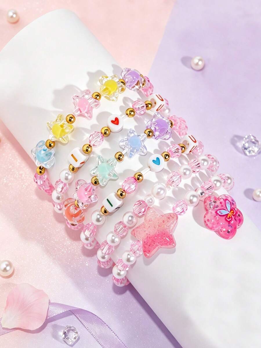 6件組女孩可愛星星與花朵吊飾手鍊 多色串珠兒童飾品手鍊，適合節日派對生日禮物 - 彩色 - 查看 1