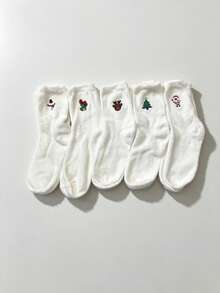 5 Pairs Women's White Plush Embroidered Christmas Socks, Bow Pattern, Warm & Comfortable, Suitable For Autumn/Winter, Hand Washable - Multicolor - View 8