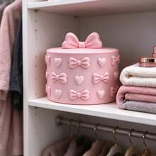 3D Printed Embossed Heart & Bow Round Jewelry Storage Box, INS Sweet Style With Compartment Design, Organizes Various Jewelry Accessories, Romantic Bedroom Desktop Decor, Practical Storage Craft For Girls - Pink - View 3