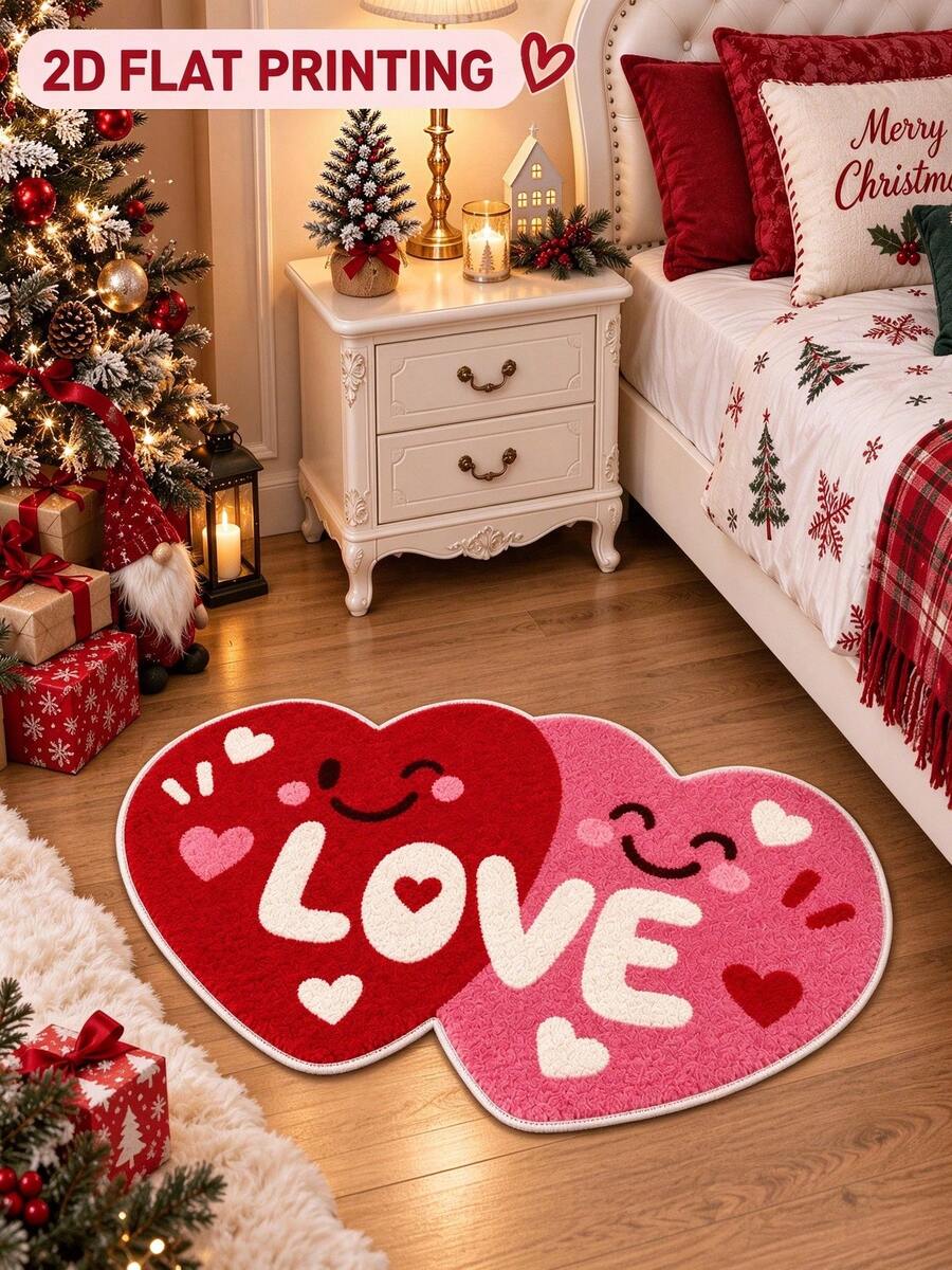 1pc Double Heart LOVE Smiling Face Shaped Floor Mat, Entryway Bathroom Decor Foot Mat Bedroom Bedside Mat, Multiple Sizes Multiple Scenes, Hand-Cut With 1-5cm Error, Decorative Rug, Bathroom Rug, Bedroom Decor, Small Rug, Rug, Home Decor, Living Room Rug, Bedroom Rug, Outdoor Rug, Washable Rug - Multicolor - View 1